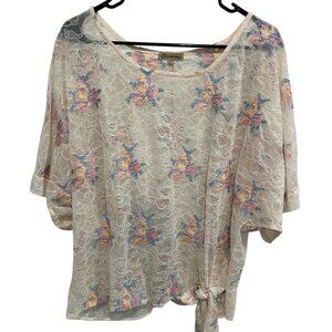 Democracy Womens Floral Lace Tie-Front Detail Semi-Sheer Blouse Size L Boho Chic
